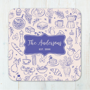 Personalized Family Name Cute Hand Drawn Food Square Paper Coaster