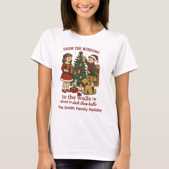 Personalized Family Name Deck The Halls Christmas T-Shirt (Front)