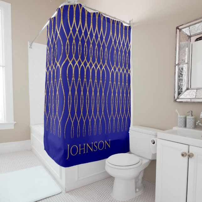 Personalized Family Name Decorative Blue Gold Shower Curtain (In Situ)