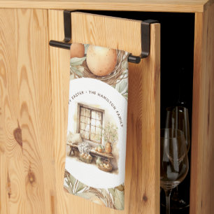 Personalized Family Name Easter Beige Rustic Kitchen Towel