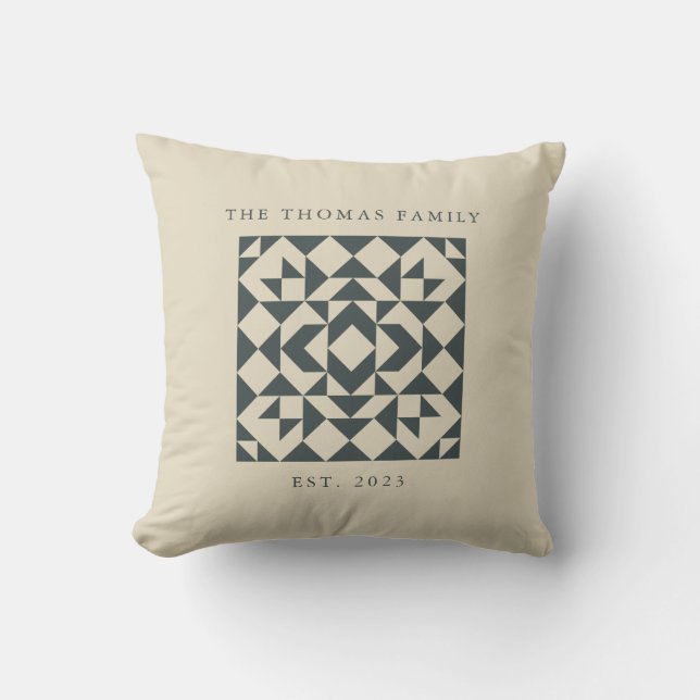 Personalized Family Name Est Date Quilt Neutral Throw Pillow (Front)