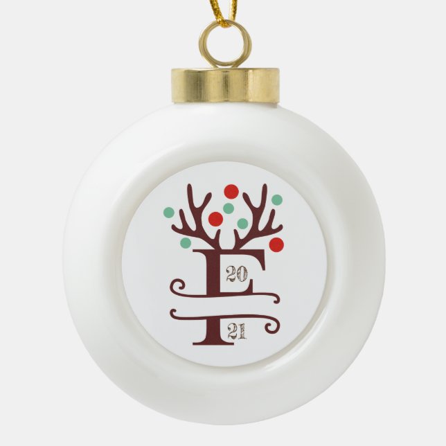 Personalized Family Name "F" Ceramic Ball Christmas Ornament (Front)