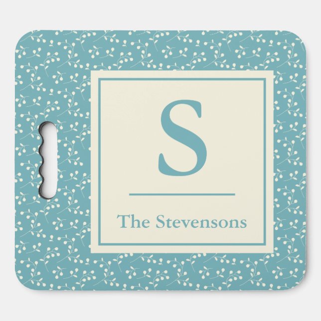 Personalized Family Name Farmhouse Botanical Blue Seat Cushion (Front Horizontal)
