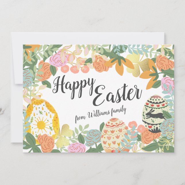 Personalized Family Name Floral Eggs Happy Easter  Holiday Card (Front)
