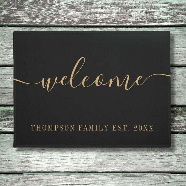 Personalized Family Name Gold Black Welcome Doormat (Creator Uploaded)
