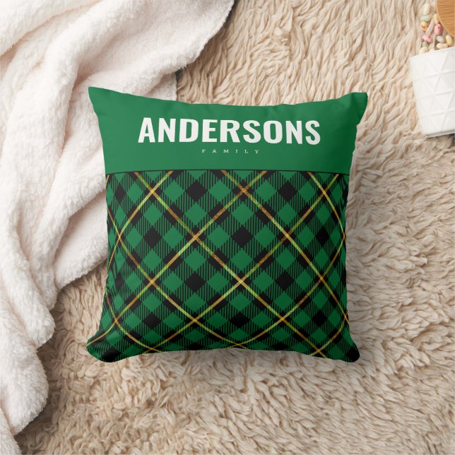Personalized Family Name Green Buffalo Plaid  Throw Pillow (Blanket)