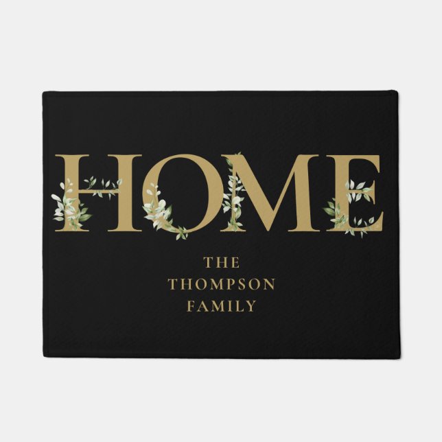 Personalized Family Name Greenery Gold Home Doormat (Front)