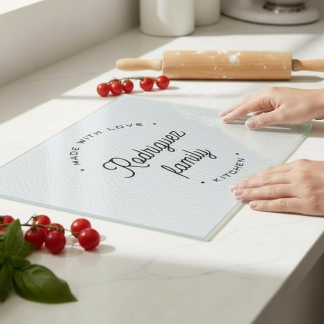 Personalized Family Name KITCHEN CHIC Cutting Board (Simple, chic personalized family glass cutting board )