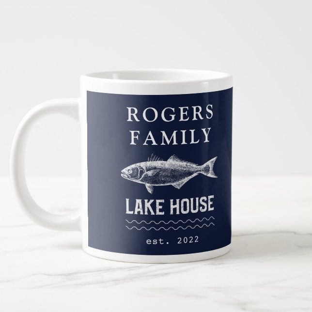 Personalized Family Name Lake House Giant Coffee Mug (Left)