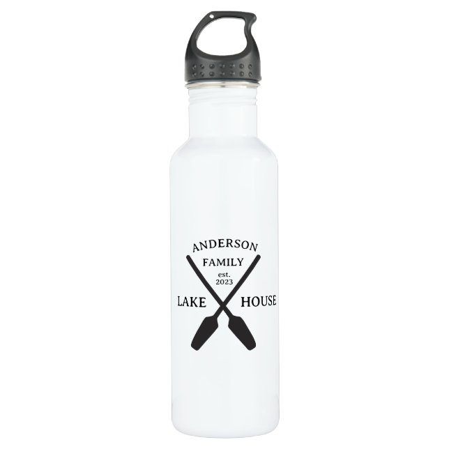 Personalized Family Name Lake House  Stainless Steel Water Bottle (Front)