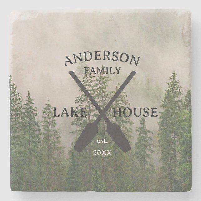 Personalized Family Name Lake House  Stone Coaster (Front)