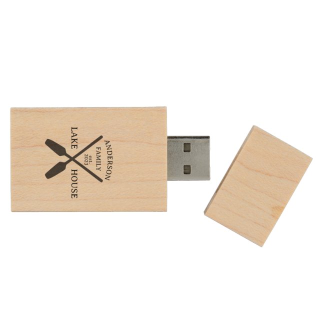 Personalized Family Name Lake House  Wood Flash Drive (Opened)
