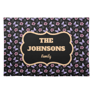 Personalized family name lavender butterfly floral cloth placemat