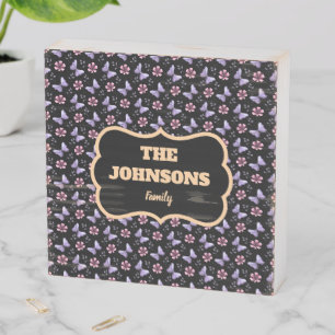 Personalized family name lavender butterfly floral wooden box sign