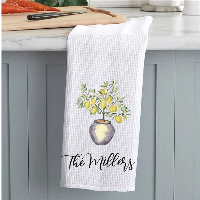 Personalized Family Name Lemon Topiary Kitchen Towel (Personalized Family Name Lemon Topiary Kitchen Tea Towel Custom Housewarming Gift Kitchen Decor)