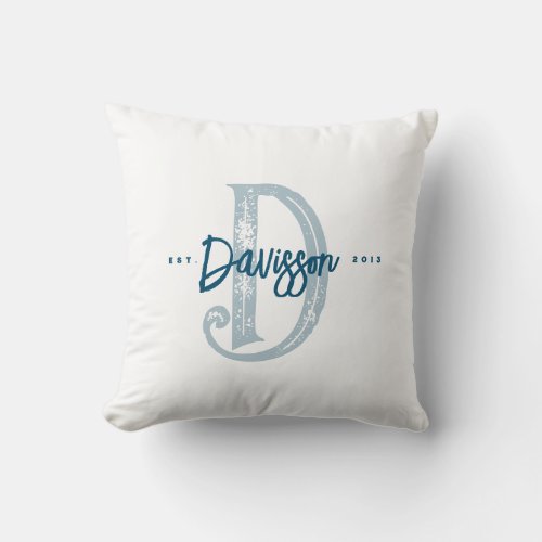 Personalized Family Name Letter Est Year Teal Throw Pillow