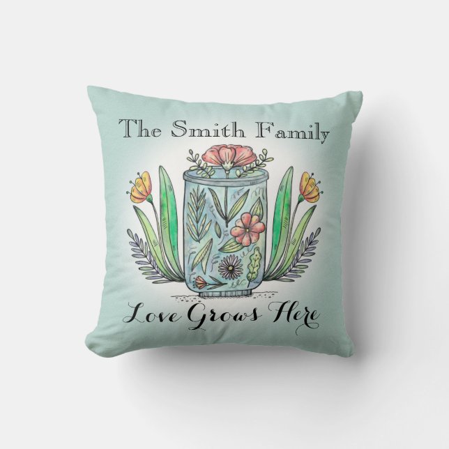 Personalized Family Name Love Grows Here Flower Throw Pillow (Front)