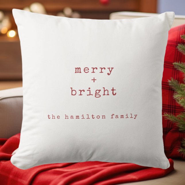 Personalized Family Name Merry + Bright Christmas Throw Pillow (Creator Uploaded)
