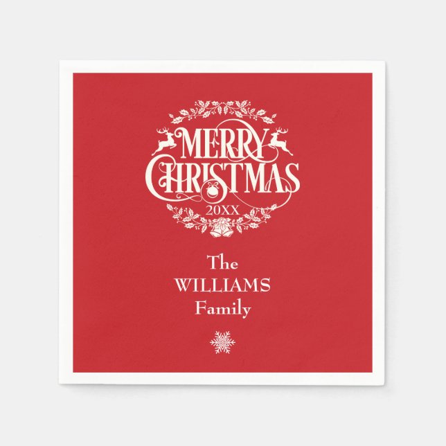 Personalized Family Name Merry Christmas Red Napkins (Front)