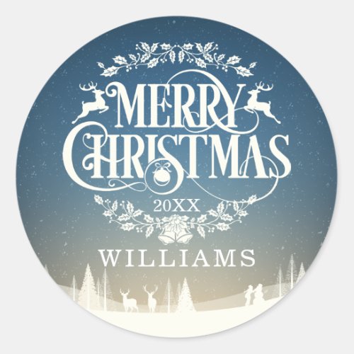 Personalized Family Name Merry Christmas Winter Classic Round Sticker