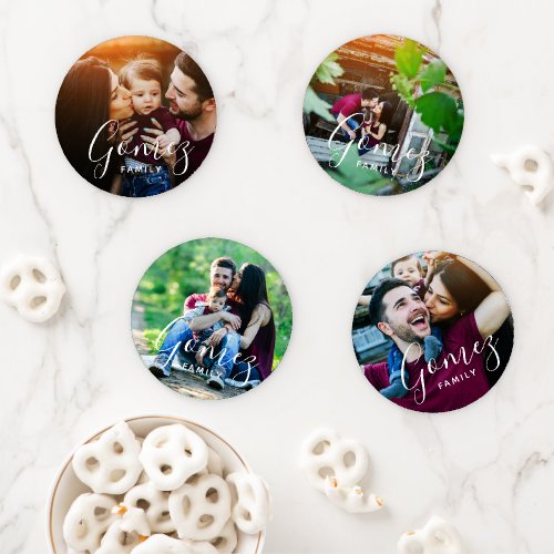 Personalized Family Name Monogram 4 Photo Coaster Set