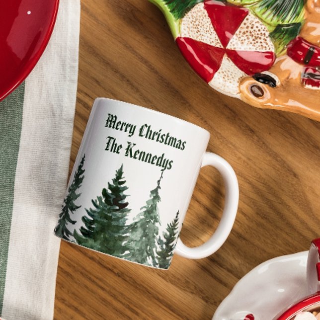 Personalized Family Name Monogram Christmas Tree  Two-Tone Coffee Mug (Creator Uploaded)