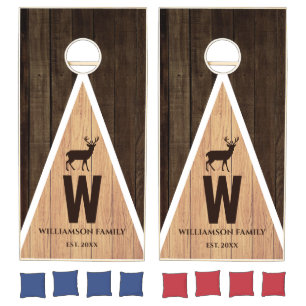 Personalized Family Name Monogram Deer Rustic Wood Cornhole Set