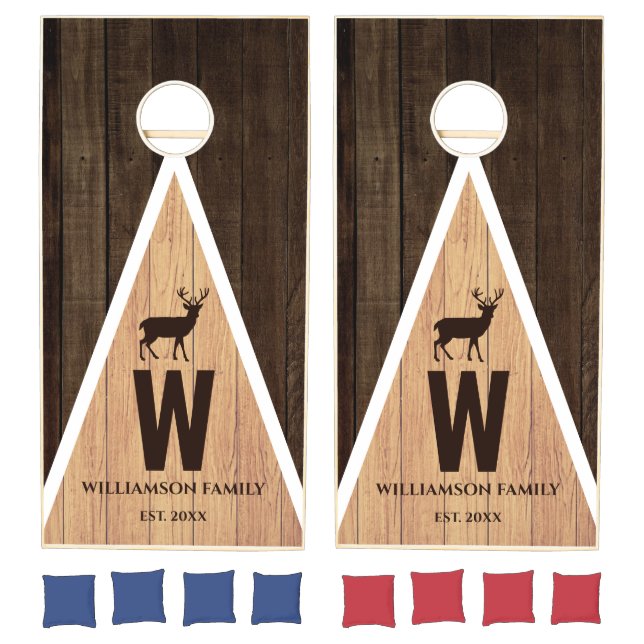 Personalized Family Name Monogram Deer Rustic Wood Cornhole Set (Set)