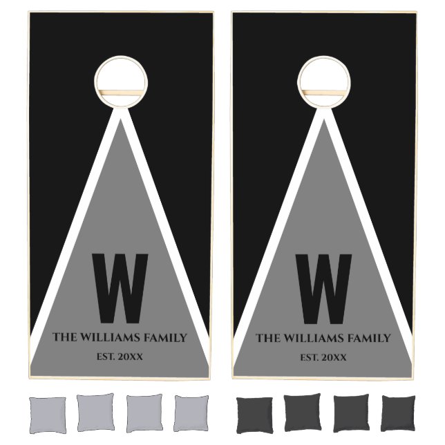Personalized Family Name Monogram Gray Black White Cornhole Set (Set)