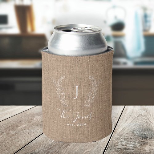 Personalized family name monogram rustic burlap can cooler