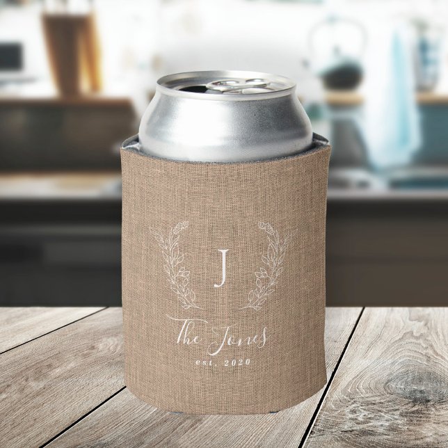 Personalized family name monogram rustic burlap can cooler (Creator Uploaded)