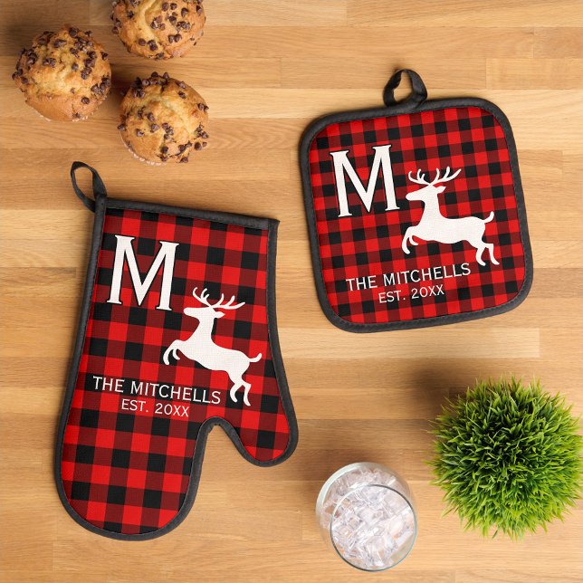 Personalized Family Name Monogram Rustic Deer Oven Mitt & Pot Holder Set (Creator Uploaded)