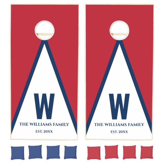 Personalized Family Name Monogram White Blue Red Cornhole Set (Set)
