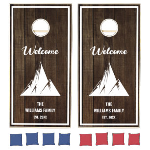 Personalized Family Name Mountains Rustic Wood Cornhole Set