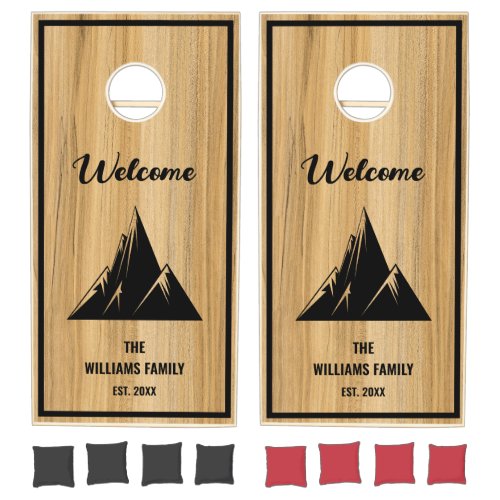 Personalized Family Name Mountains Wood Grain Cornhole Set