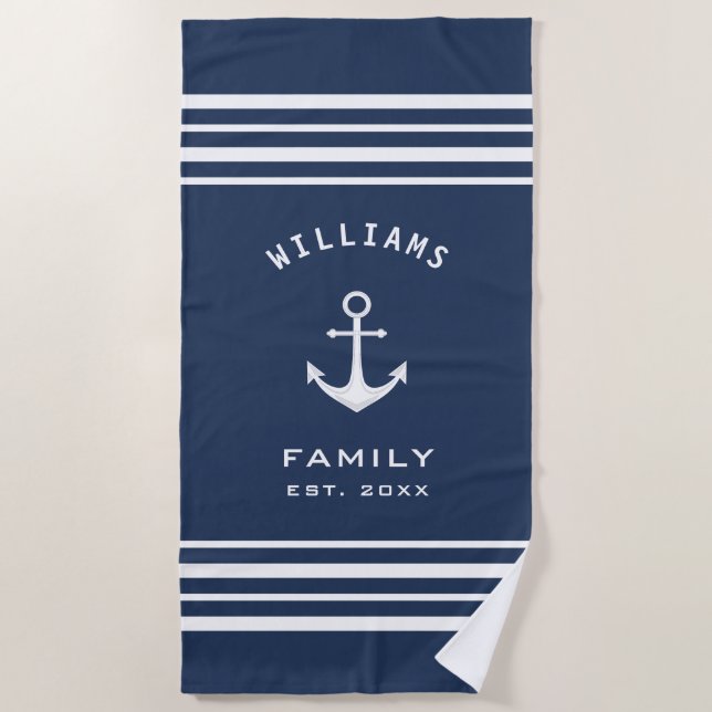 Personalized Family Name Nautical Blue And White Beach Towel (Front)