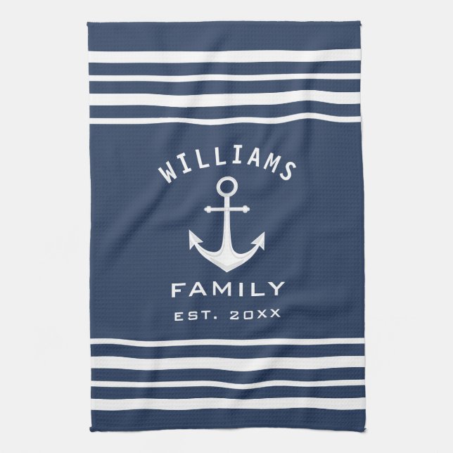 Personalized Family Name Nautical Blue And White Kitchen Towel (Vertical)