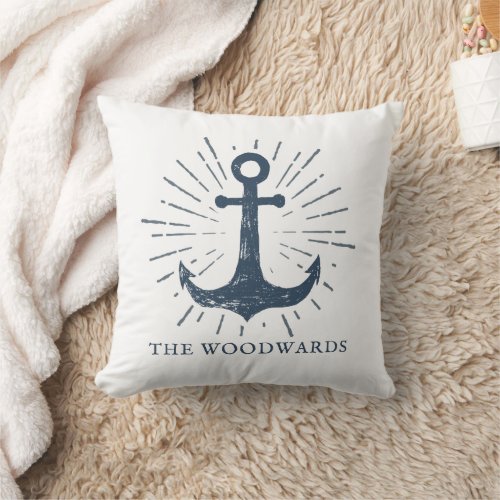 Personalized Family Name Nautical Navy Blue Anchor Throw Pillow