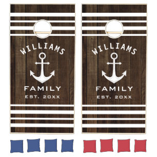 Personalized Family Name Nautical Team Rustic Wood Cornhole Set