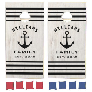 Personalized Family Name Nautical Team Wood Grain Cornhole Set