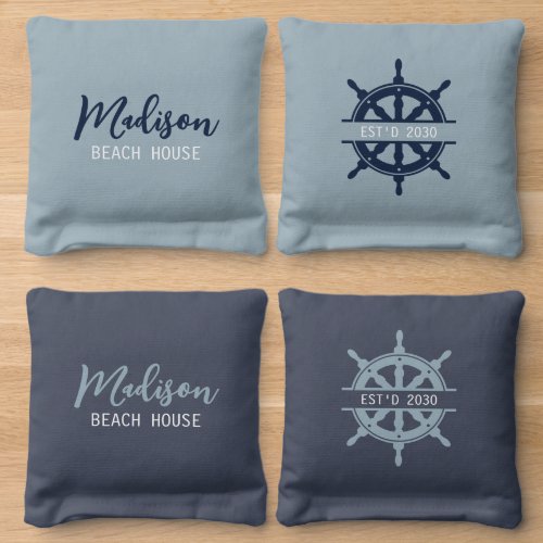 Personalized Family Name Nautical Theme Beach Blue Cornhole Bags