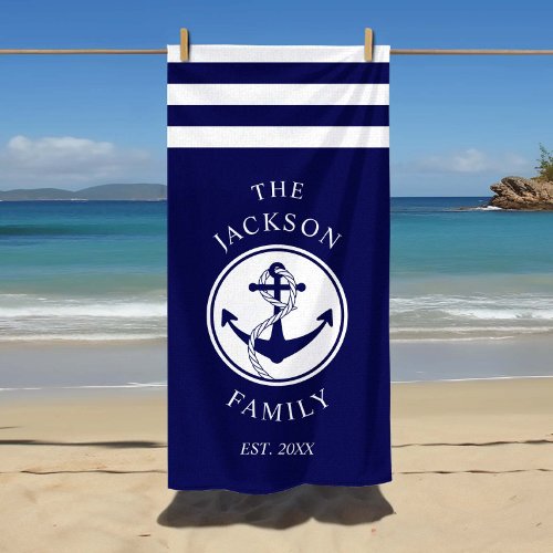 Personalized Family Name Navy Blue Nautical Anchor Beach Towel