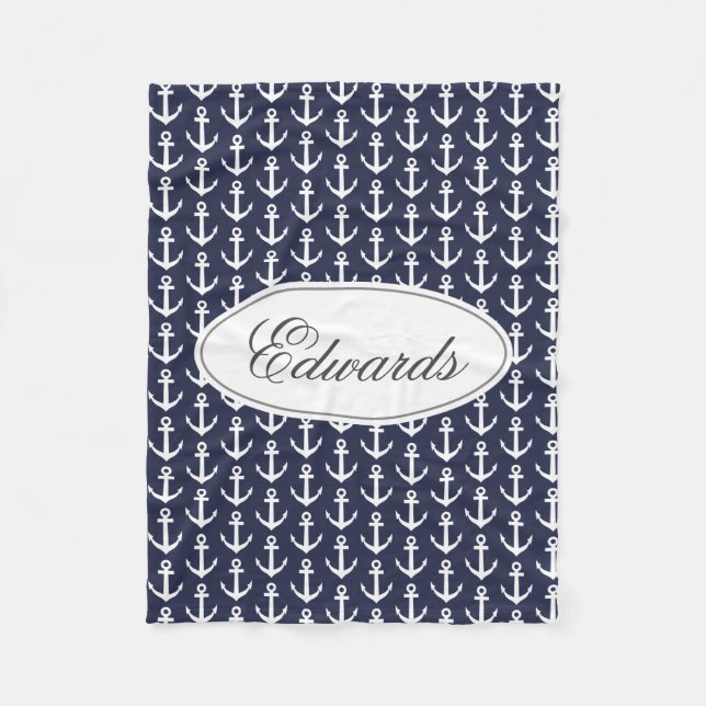 Personalized family name navy blue nautical anchor fleece blanket (Front)