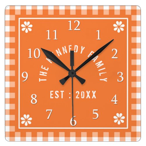 Personalized Family Name Orange Gingham Square Wall Clock
