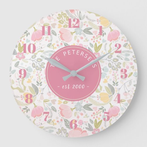 Personalized Family Name Pastel Colorful Floral Large Clock