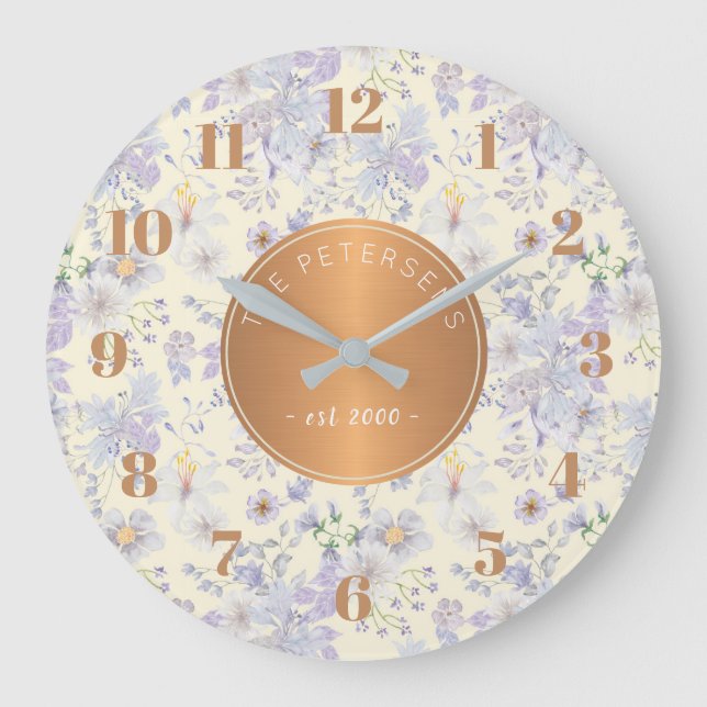 Personalized Family Name Pastel Floral Copper Large Clock (Front)