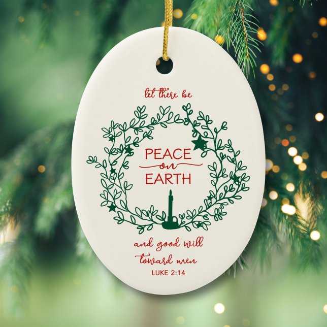 Personalized Family Name Peace on Earth Wreath Ceramic Ornament (Front: Red hand-drawn wreath with “Peace on Earth” scripture design, inspired by Luke 2:14.)
