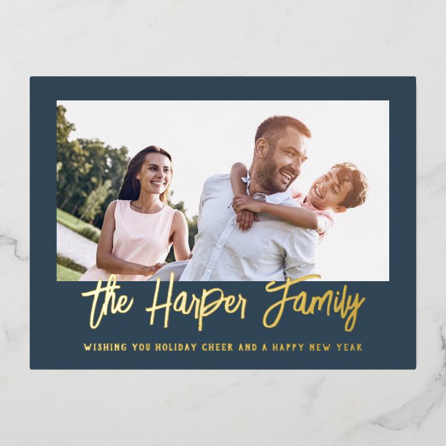 Personalized Family Name Photo Frame Foil Holiday Postcard (Front)