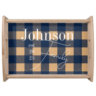Personalized Family Name Plaid Blue Gold Serving Tray