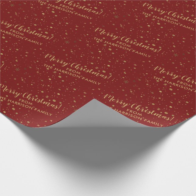 Personalized Family Name Red Gold Merry Christmas Wrapping Paper (Corner)